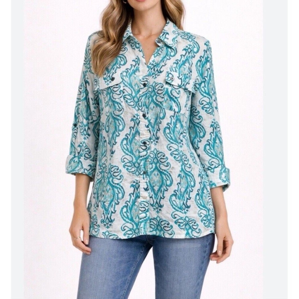 JM Collection 100% Lined Women's Tops Paisley Aqua White Size 10